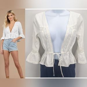 NWT Size XS (0-2) Tobi "Lola" White Cotton Eyelet Tie-Front Boho Peplum Blouse